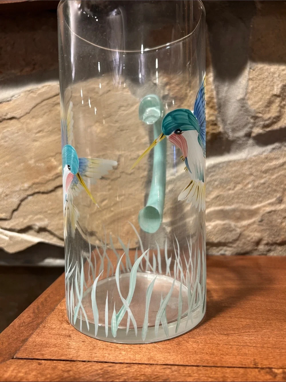 Hand-Painted Glass Pitcher with Colorful Hummingbirds